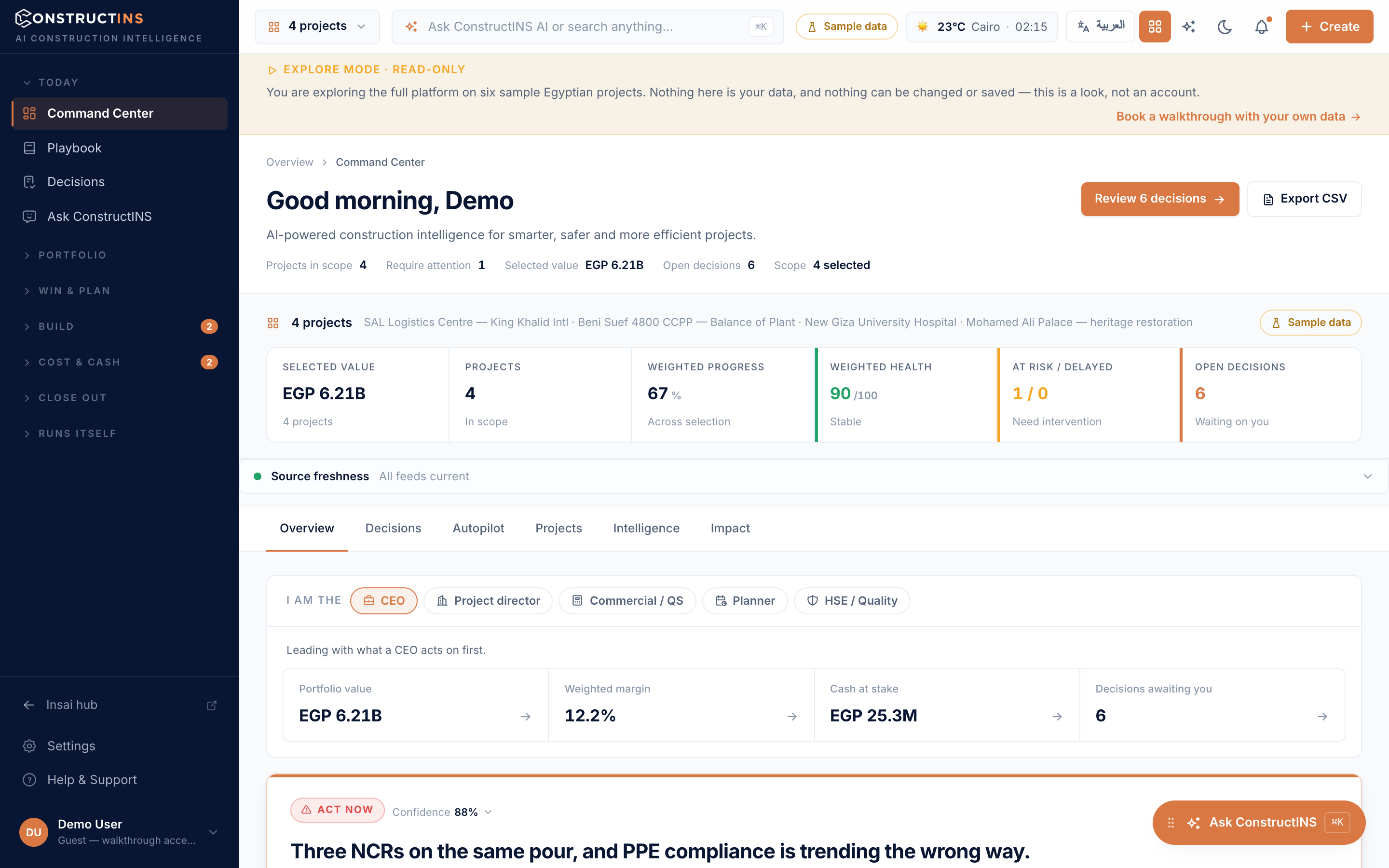 ConstructINS Command Center — the product interface on seeded sample projects.