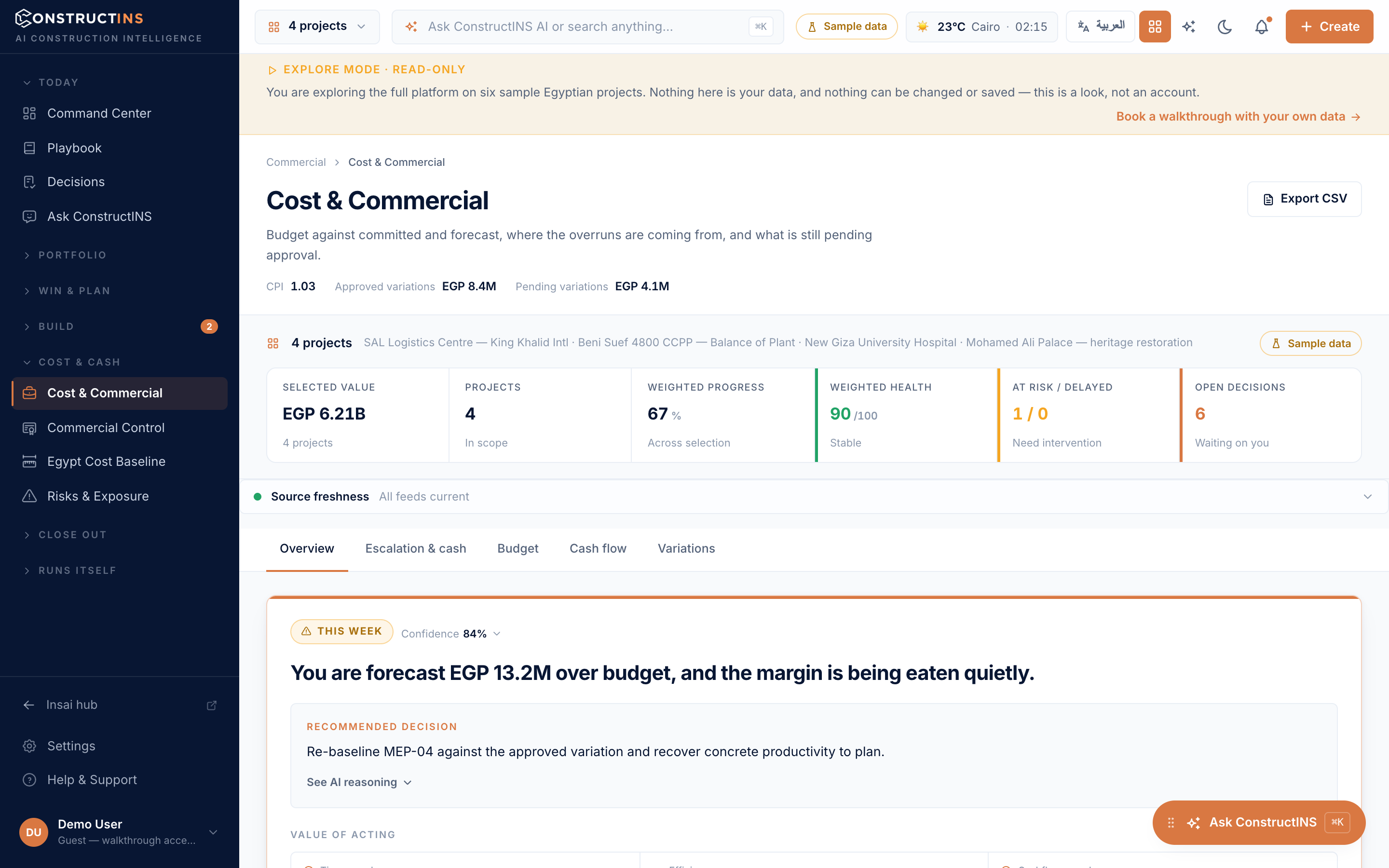 Cost & Commercial — budget against forecast and variations, on sample data.