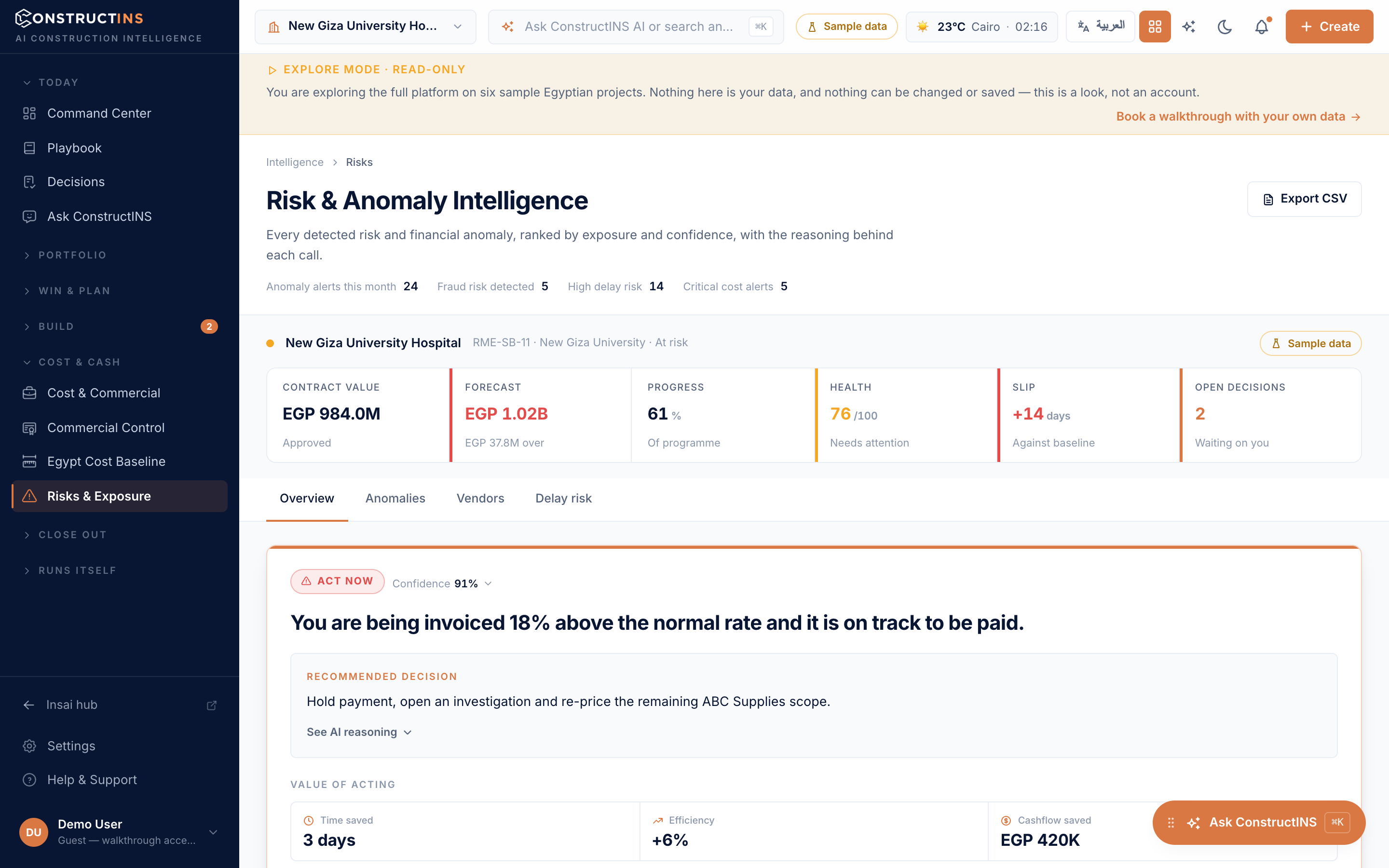 Risk & Anomaly Intelligence — how the platform flags over-billing and programme slip, on sample data.