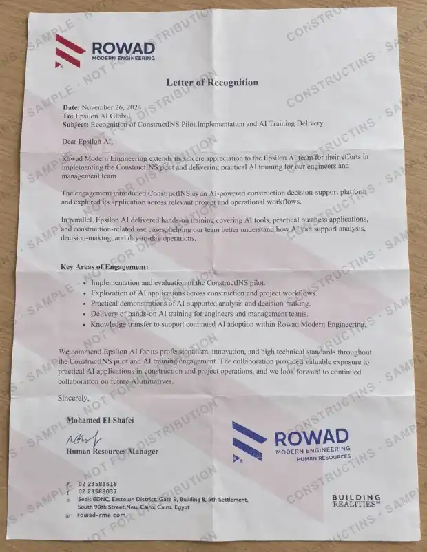 Letter of Recognition — Rowad Modern Engineering, signed 26 Nov 2024. Client-permissioned.